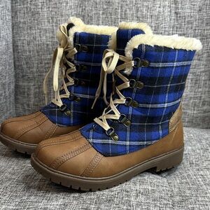 Plaid Lace Up Boots - Blue and Brown